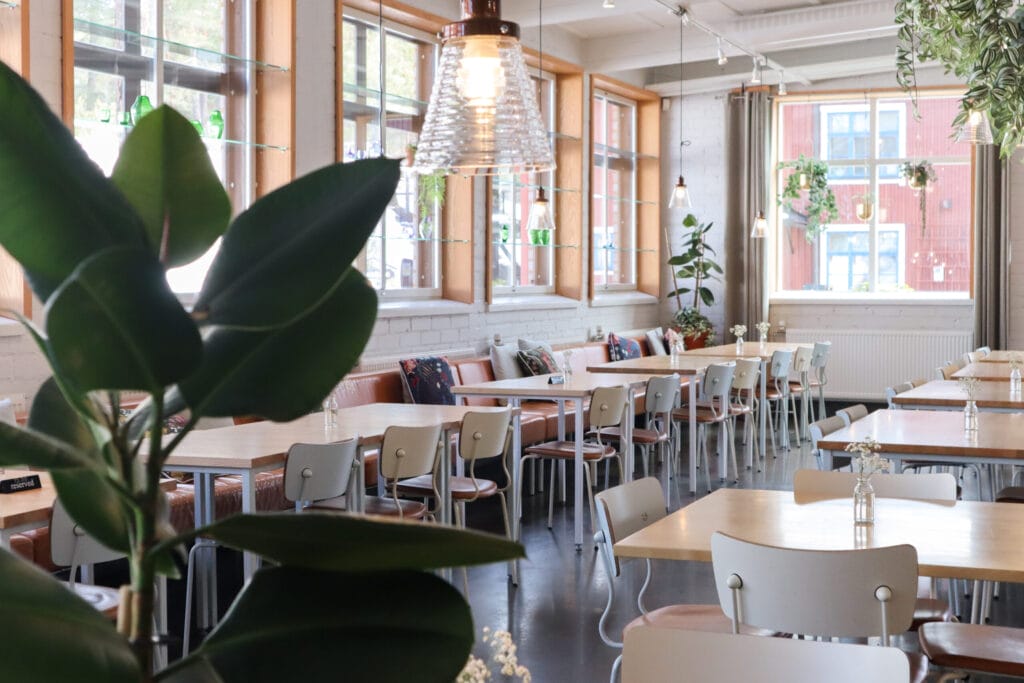 Moderni ravintola kasveilla ja ikkunoilla