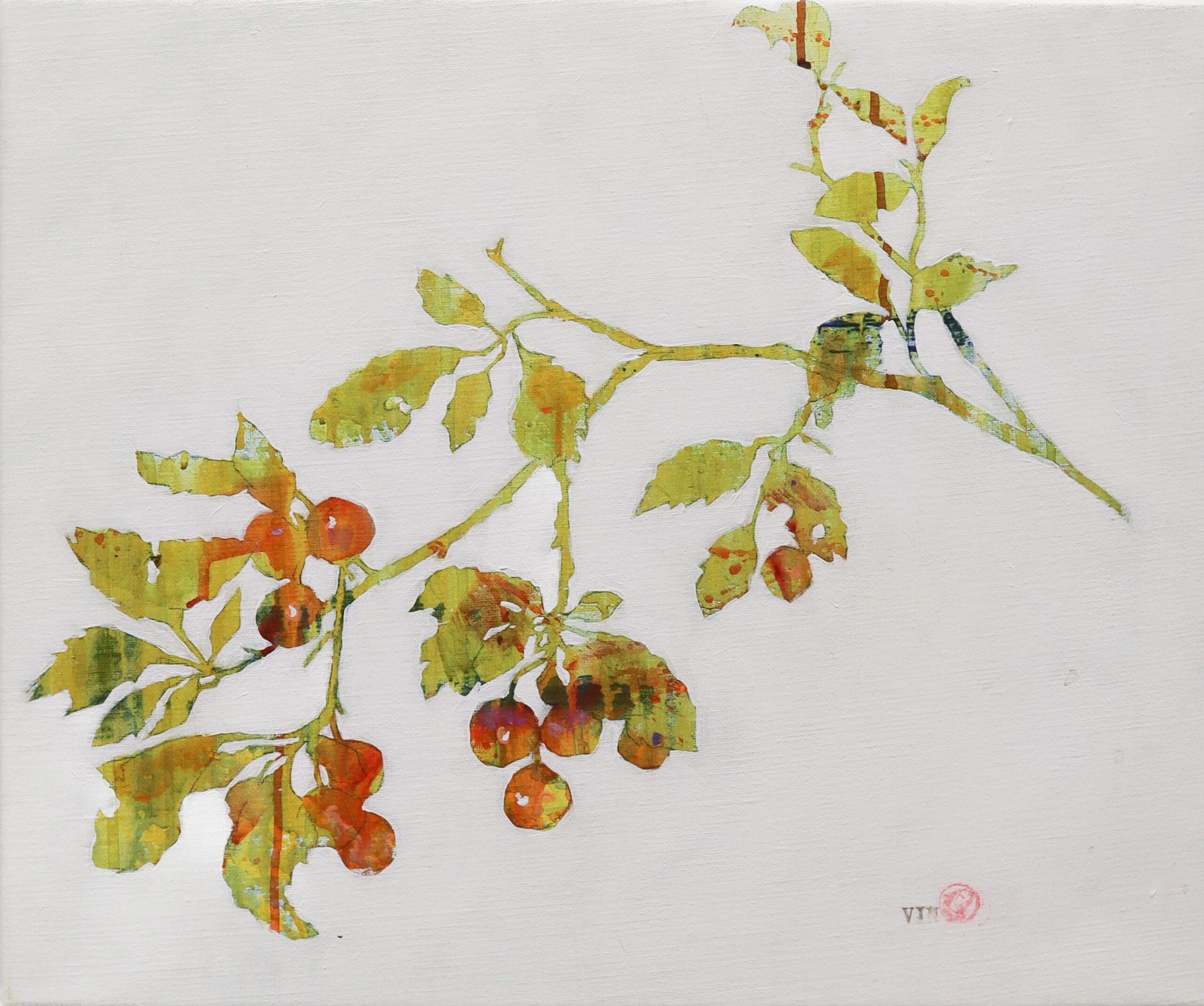 Vesivärimaalaus oksasta ja marjoista valkoisella taustalla.
