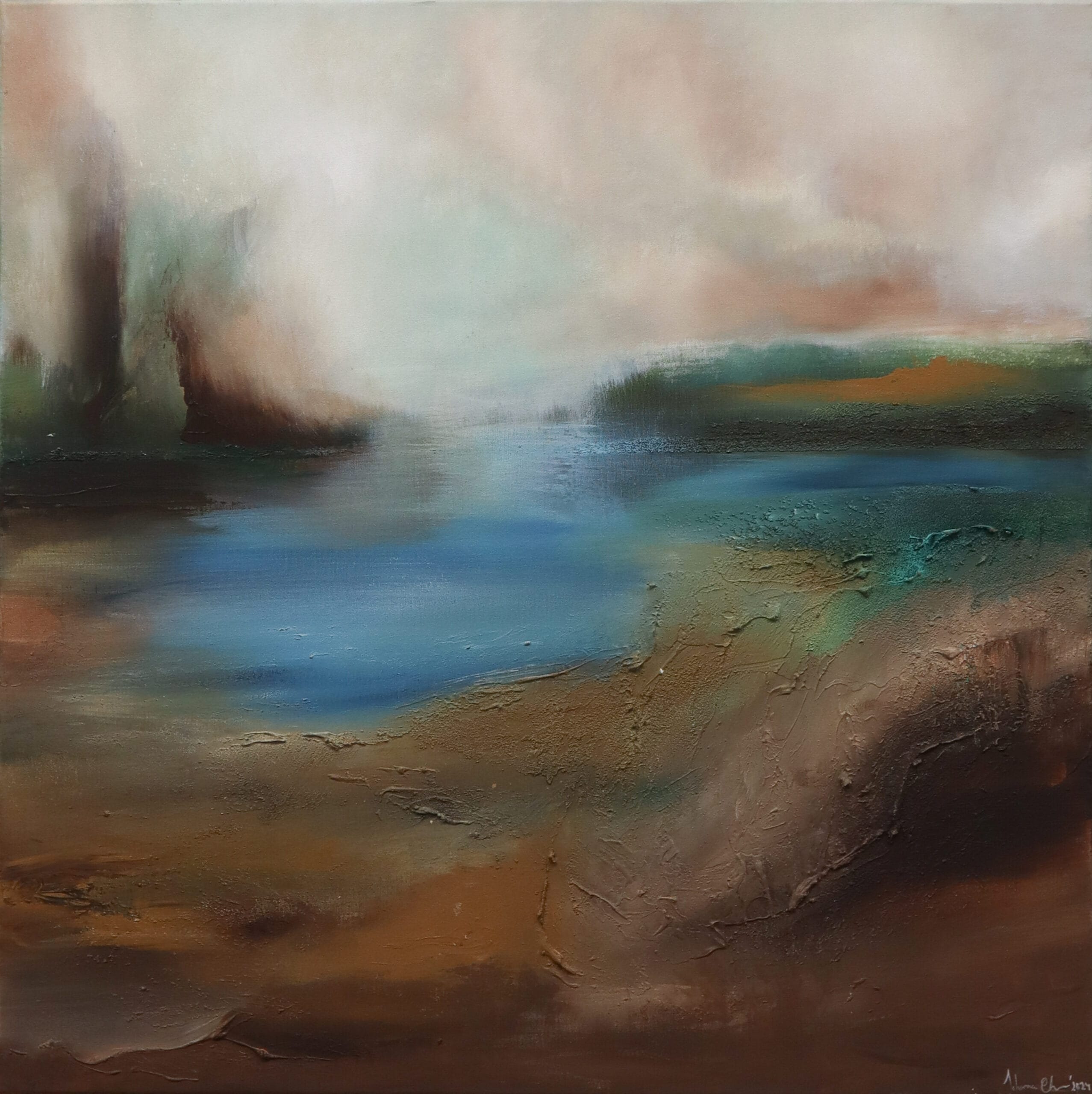 Abstrakti maisema vesiväreillä, ruskeaa ja sinistä