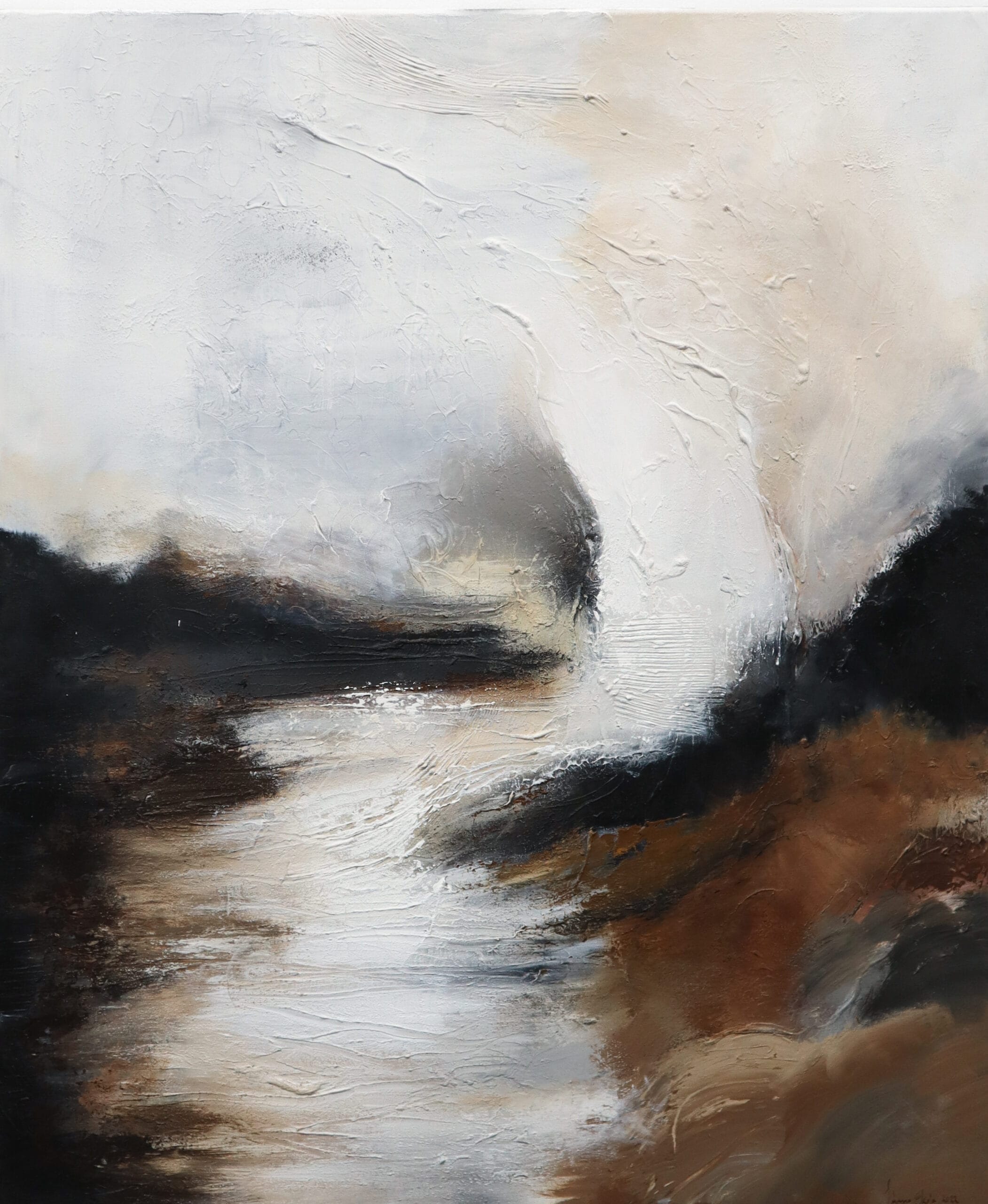 Abstrakti maalaus: tummia ja vaaleita sävyjä sekoittuvat.