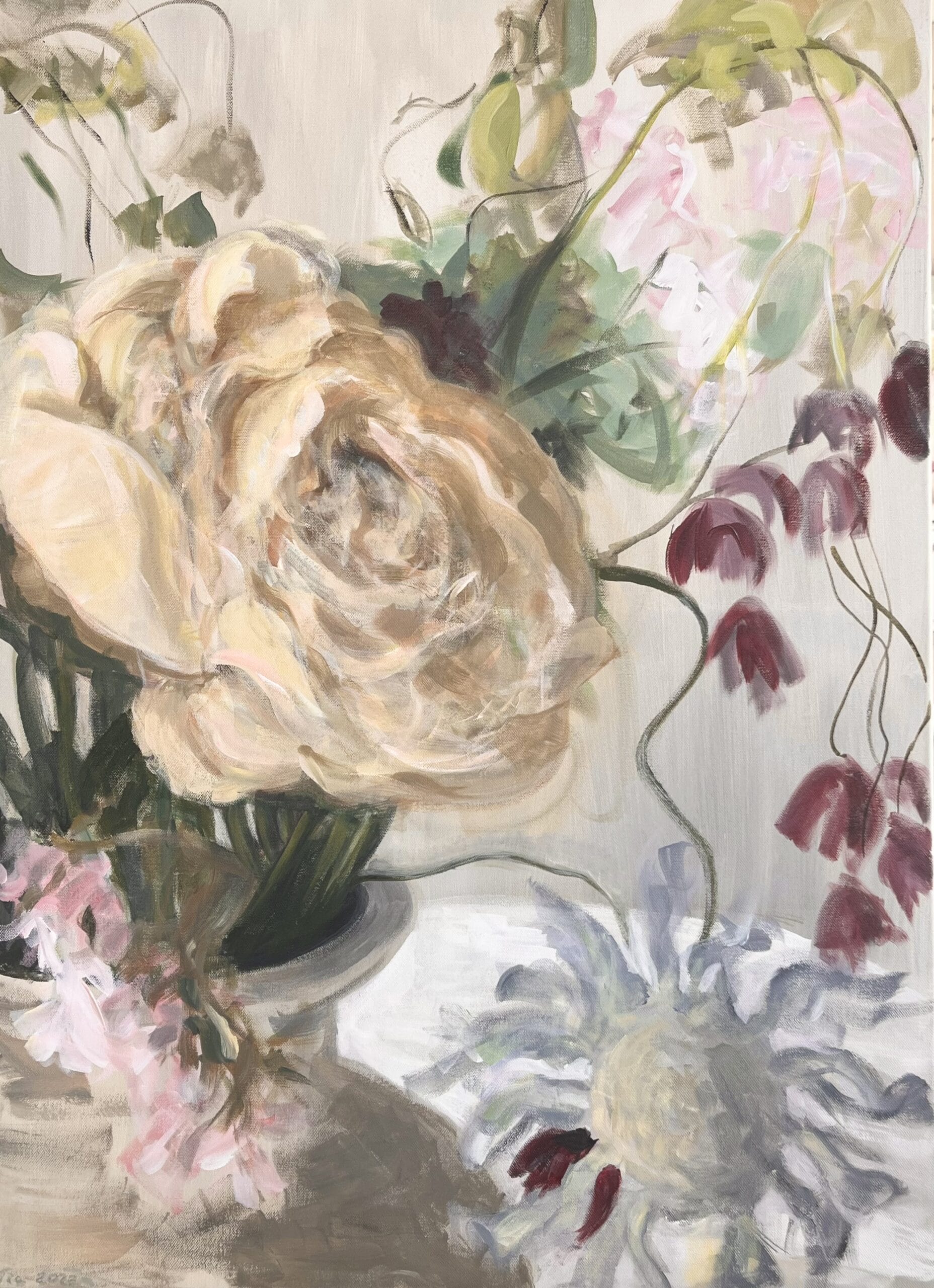 Abstrakti maalaus kukista vaasissa