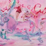 Vaaleanpunainen surrealistinen maalaus henkilöhahmosta ja aasista.