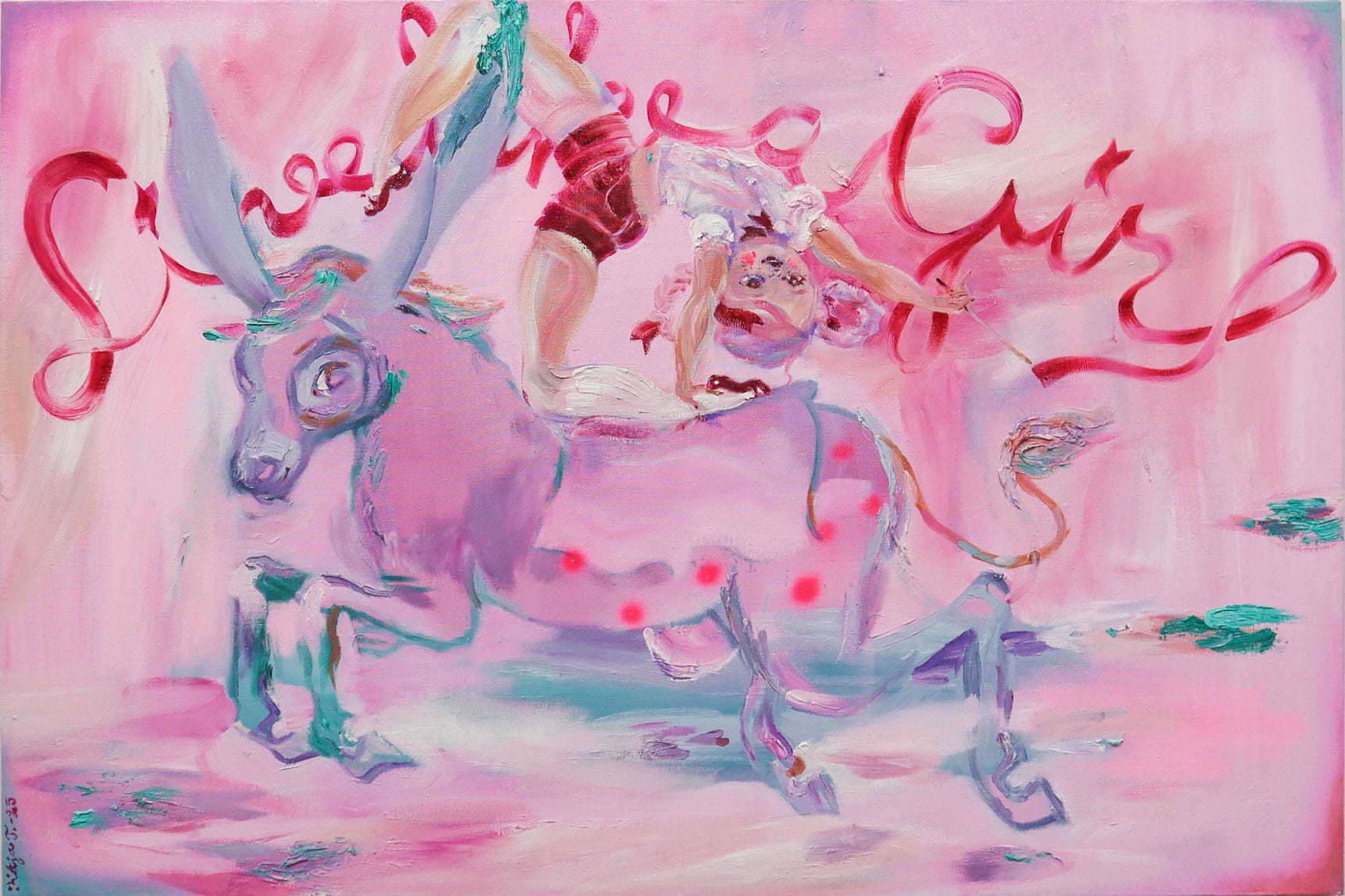 Vaaleanpunainen surrealistinen maalaus henkilöhahmosta ja aasista.