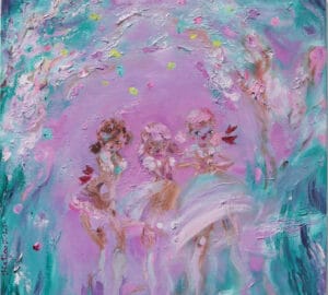 Kolme tanssivaa tyttöä värikkäässä öljyvärimaalauksessa