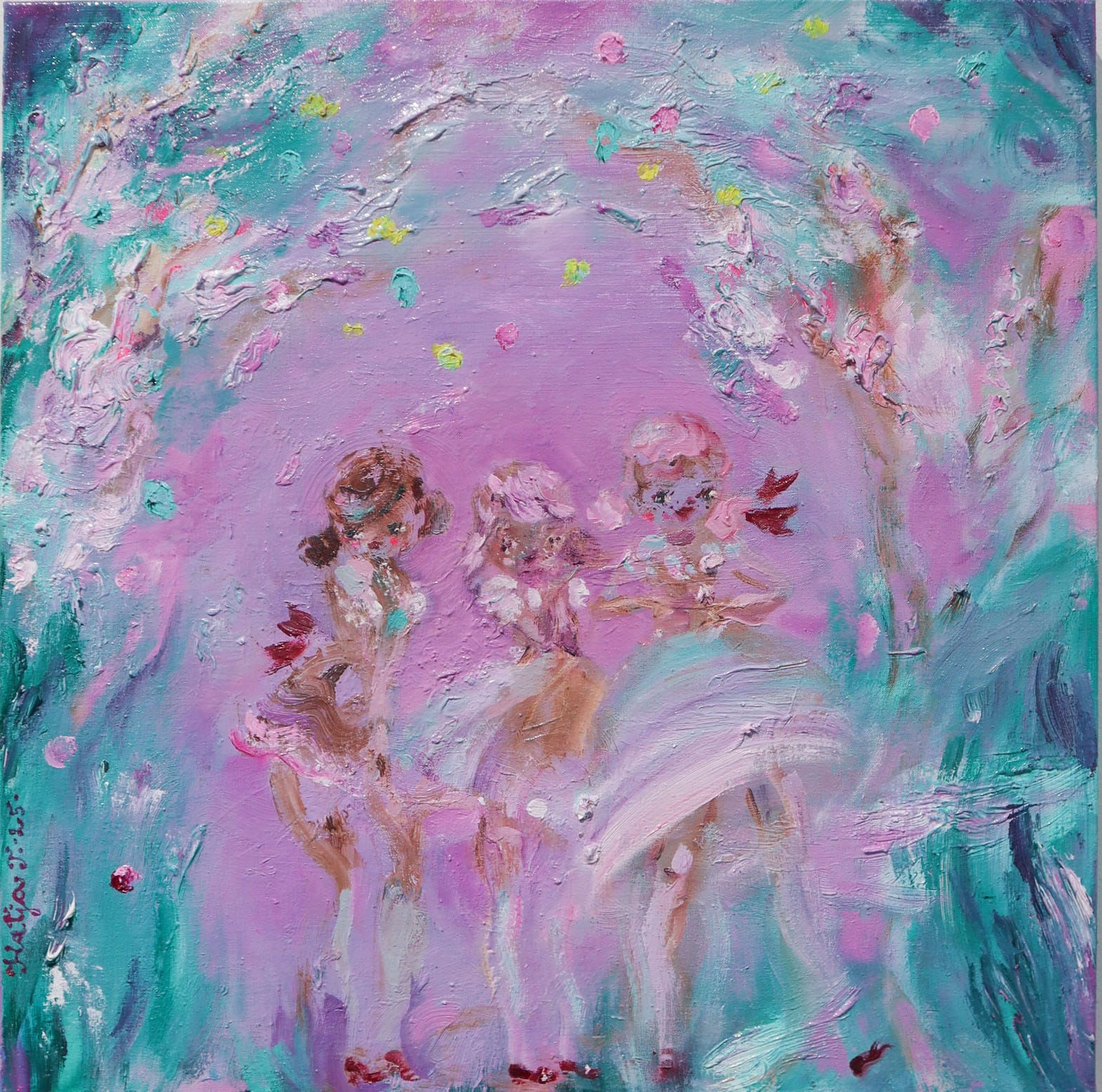 Kolme tanssivaa tyttöä värikkäässä öljyvärimaalauksessa