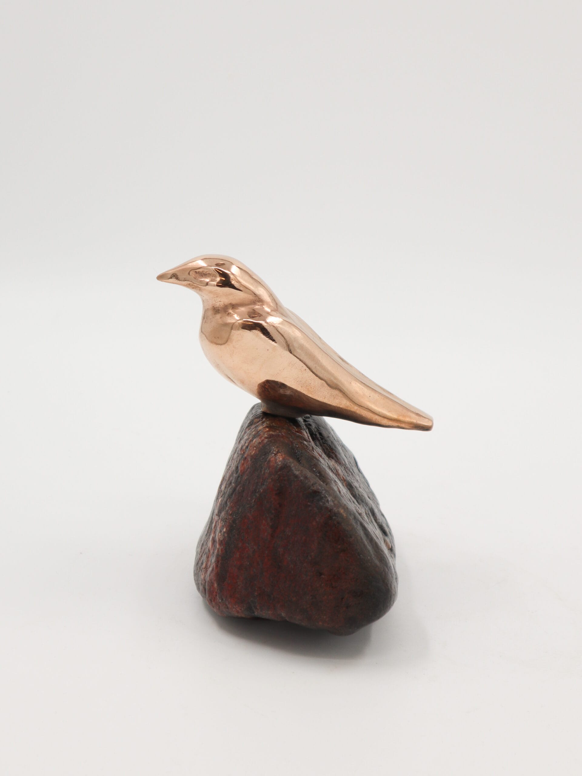 Pronssilintu jalustalla minimalistisessa taideteoksessa.