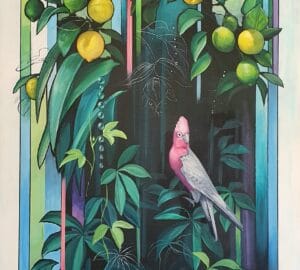 Papukaija lehtien ympäröimänä värikkäässä maalauksessa