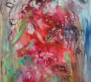 Abstrakti taideteos, värikkäitä punaisia ja vihreitä sävyjä.