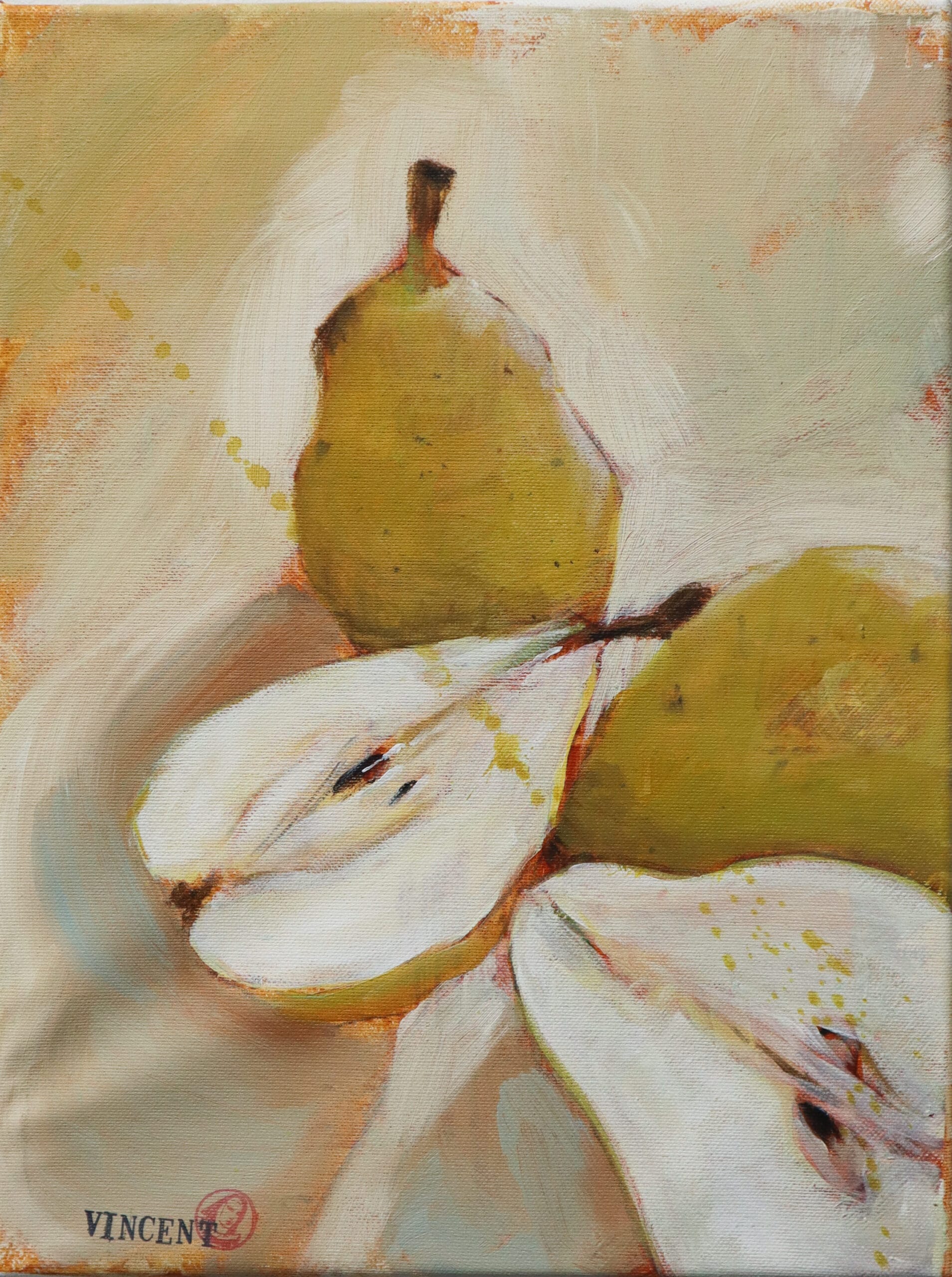 Värikäs maalaus päärynöistä kankaalla