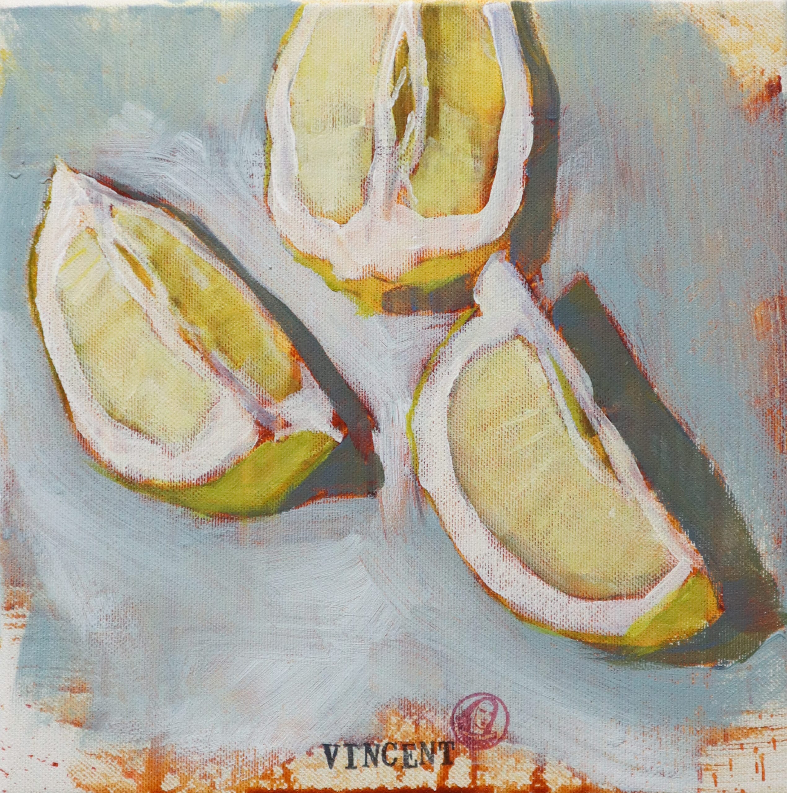 Abstrakti sitruunamaalaus kolmella sitruunaviipaleella