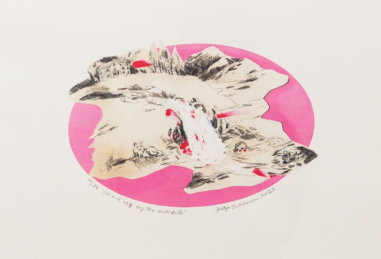 Tyttö ja susi vesiputouksella, moderni taide.