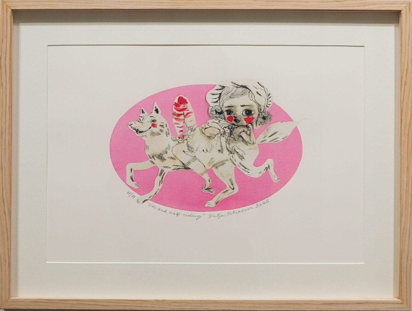 Taulu: lapsi ja koira pinkillä taustalla.