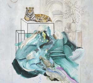 Tiikeri modernissa taideteoksessa, värikäs ja abstrakti.