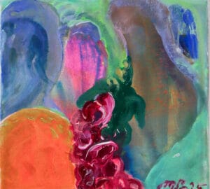 Abstrakti värikäs maalaus erilaisin sävyin ja muotoin.