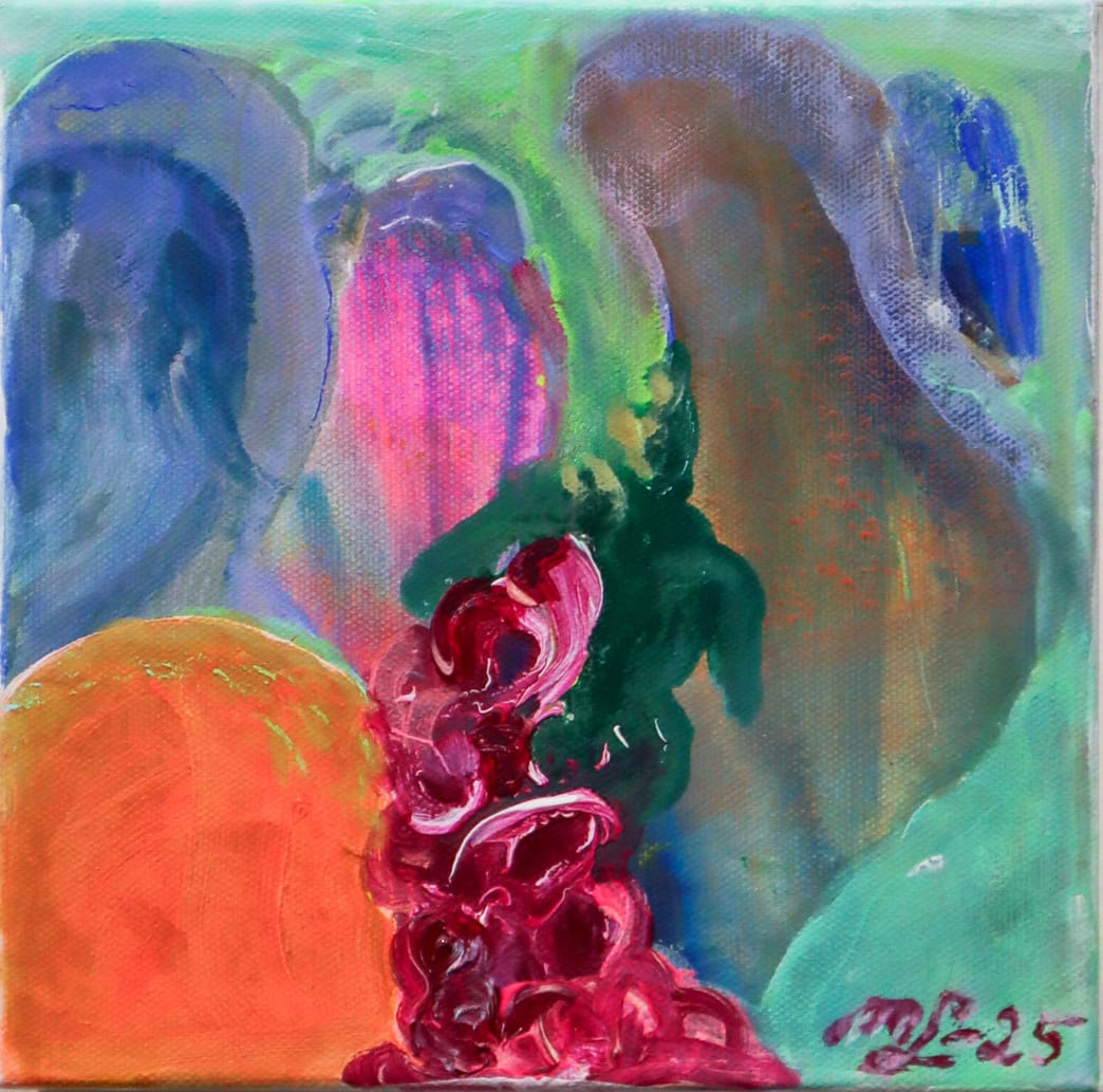 Abstrakti värikäs maalaus erilaisin sävyin ja muotoin.