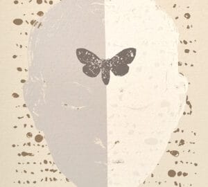 Perhonen ihmiskasvoilla, tausta abstrakti pistekuvio.