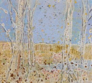 Värikäs maalaus metsästä ja taivaasta