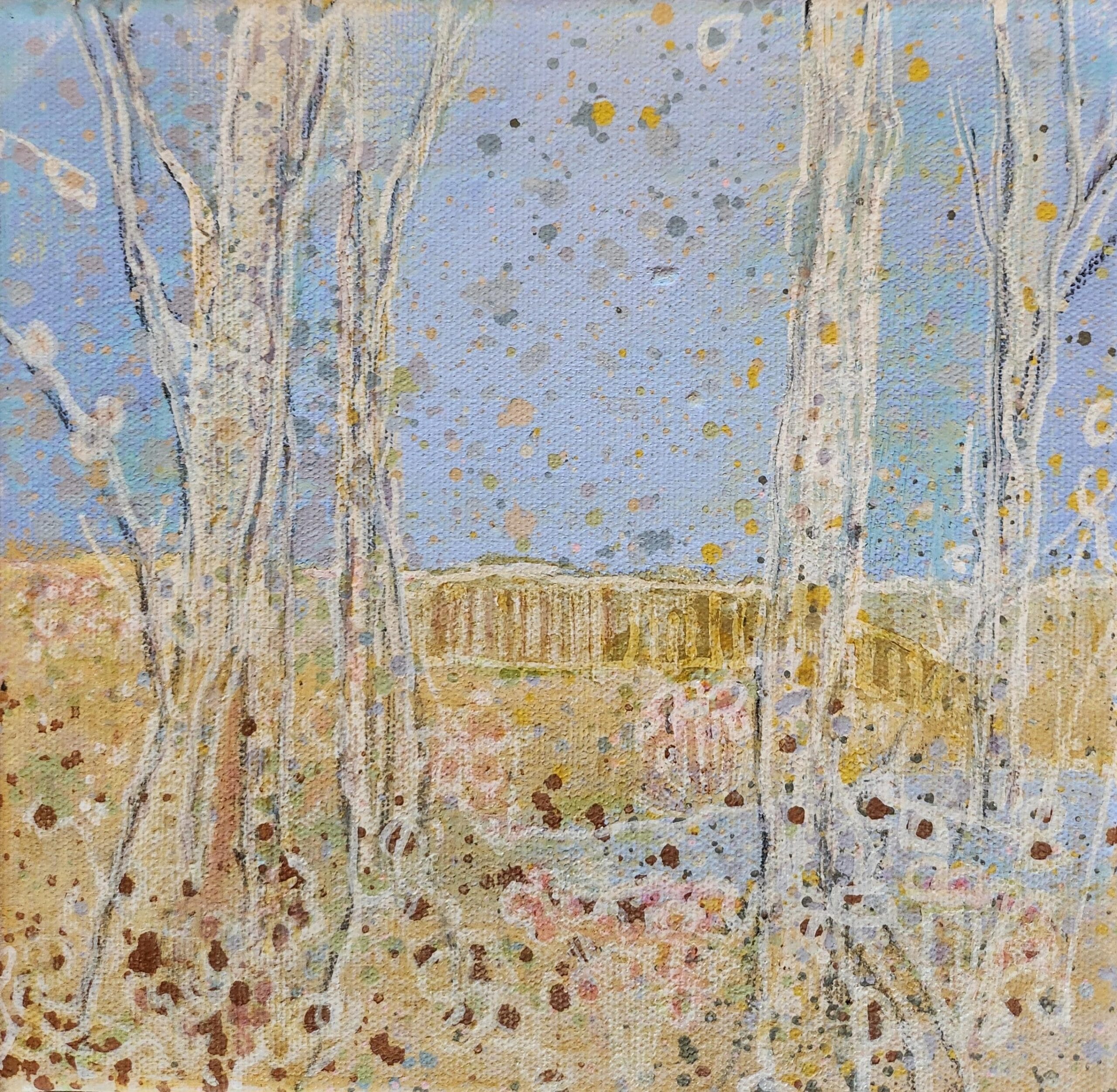 Värikäs maalaus metsästä ja taivaasta