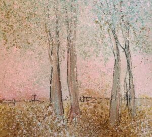 Abstrakti metsä taideteos pastellisävyissä