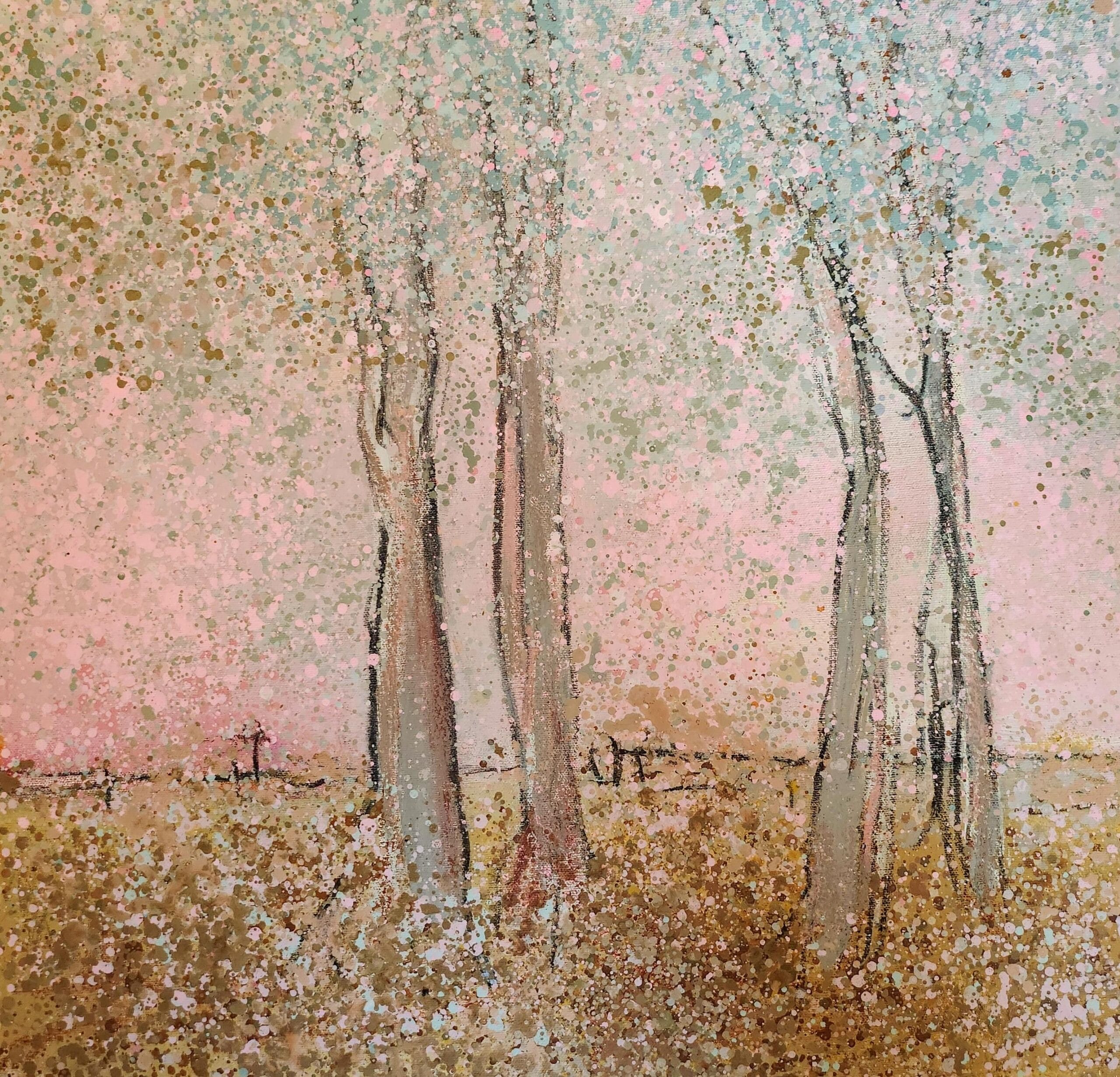 Abstrakti metsä taideteos pastellisävyissä