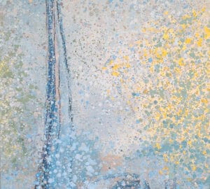 Taide: sinisiä ja keltaisia roiskeita kankaalle