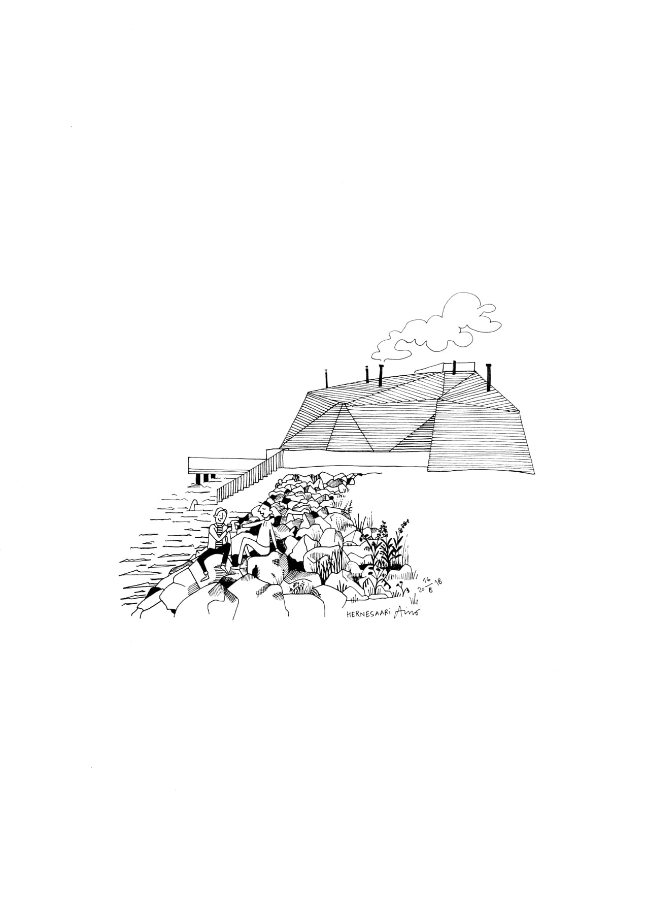 Kaksi ihmistä kivillä merenrannalla, rakennus taustalla.