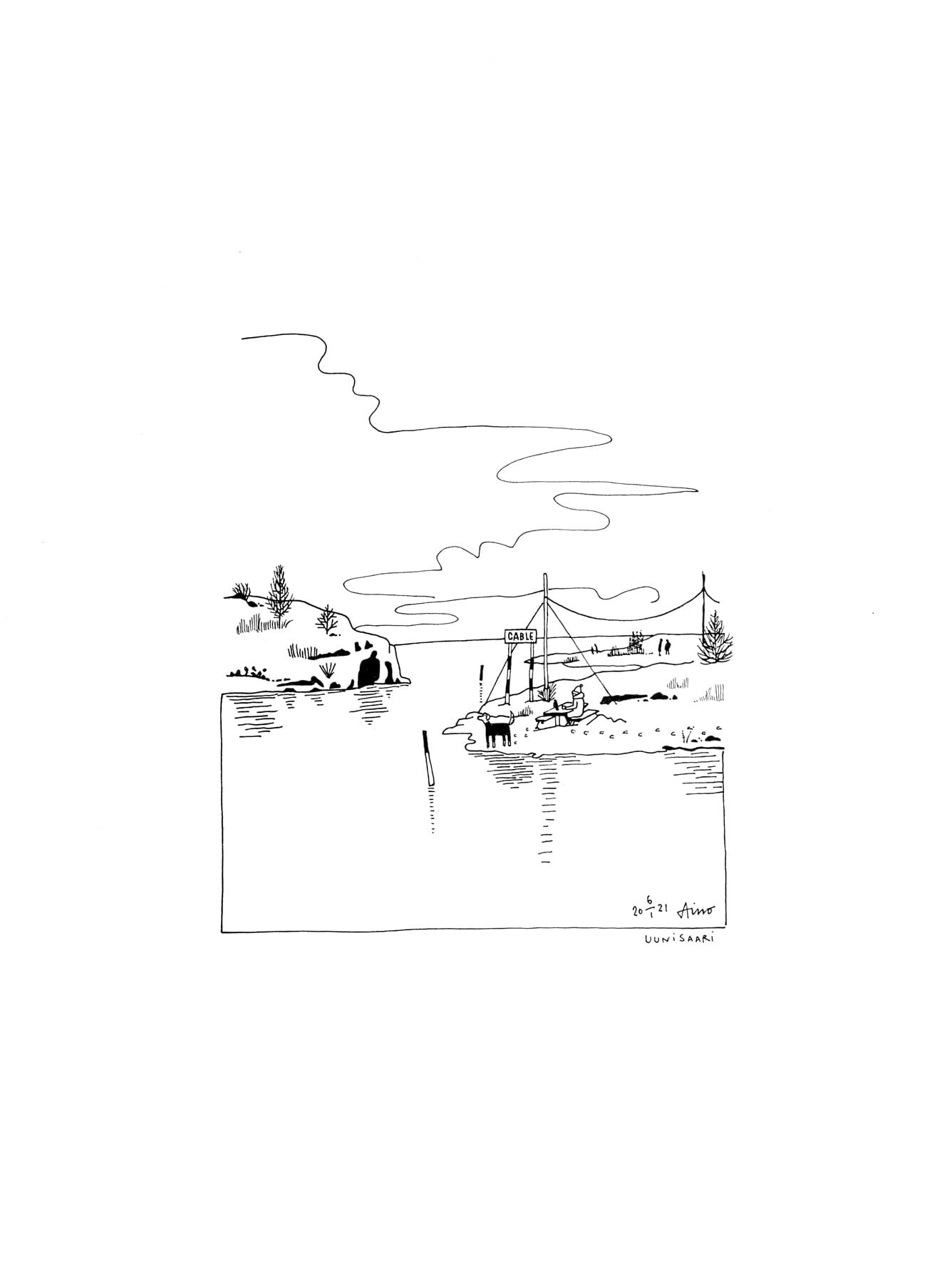 Yksinkertainen mustavalkoinen kuvitus Uunisaaren rannasta.