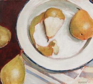 Taideteos: päärynät valkoisella lautasella