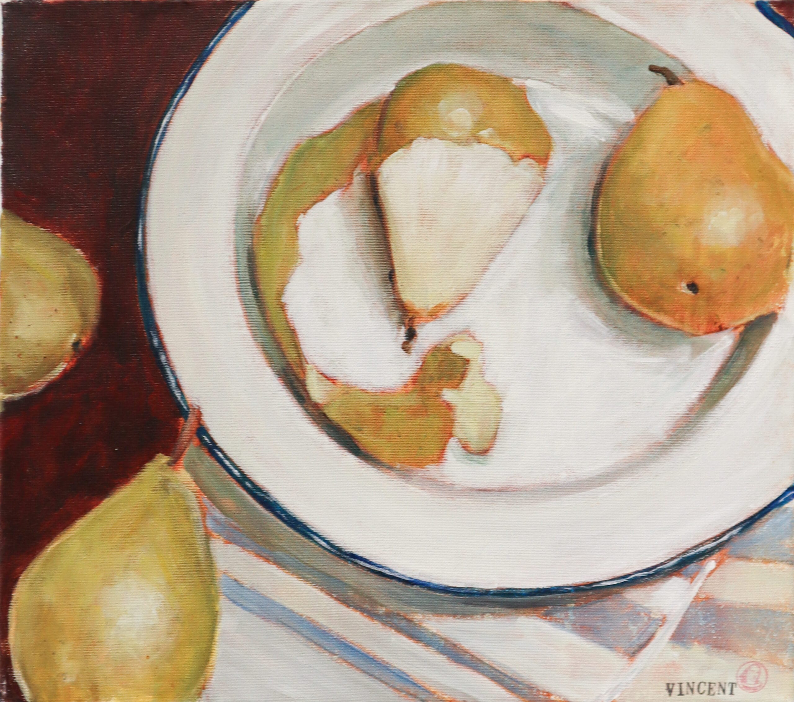 Taideteos: päärynät valkoisella lautasella