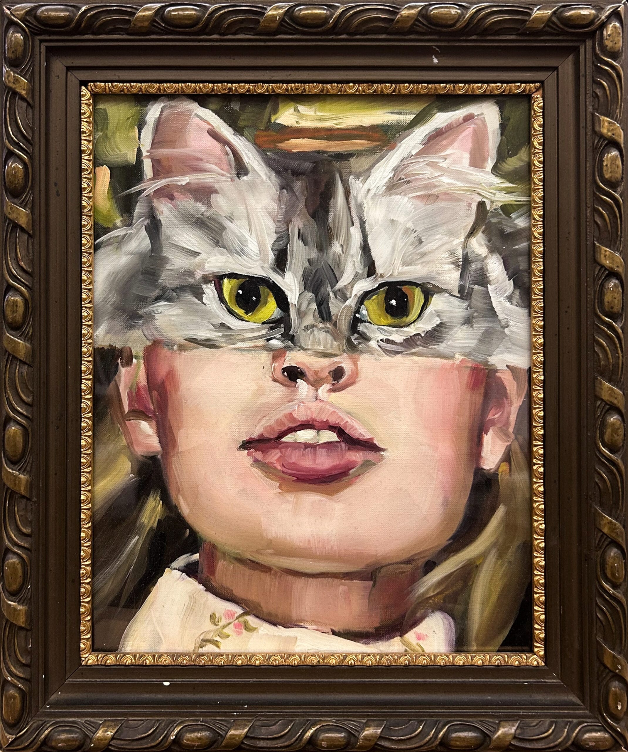 Surrealistinen maalaus: henkilön kasvot ja kissan pää.