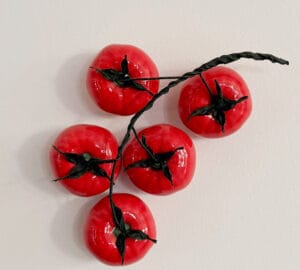 Punaisia tomaatteja valkoisella taustalla ryhmänä.