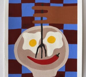 Maalaus: hymynaama, kananmunat ja lusikka