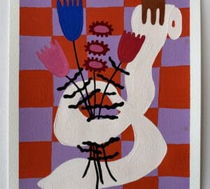 Abstrakti maalaus värikkäillä kukilla ja ruutukuviolla