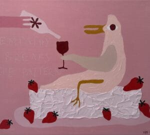 Vaaleanpunainen maalaus viinistä ja mansikoista