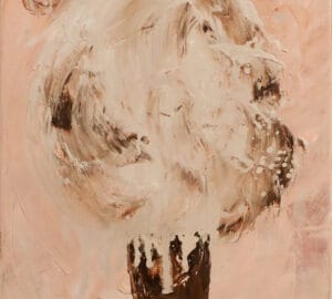 Abstrakti sienimäinen maalaus vaaleanpunaisella pohjalla.