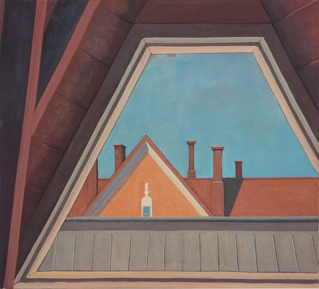 Geometrinen maalaus, kattojen ja savupiippujen kautta kehystetty taivas.