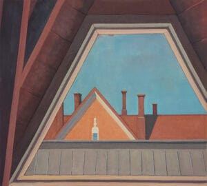 Geometrinen maalaus, kattojen ja savupiippujen kautta kehystetty taivas.