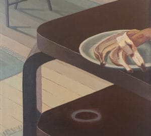 Maalaus pöydästä, banaaninkuoret lautasella.