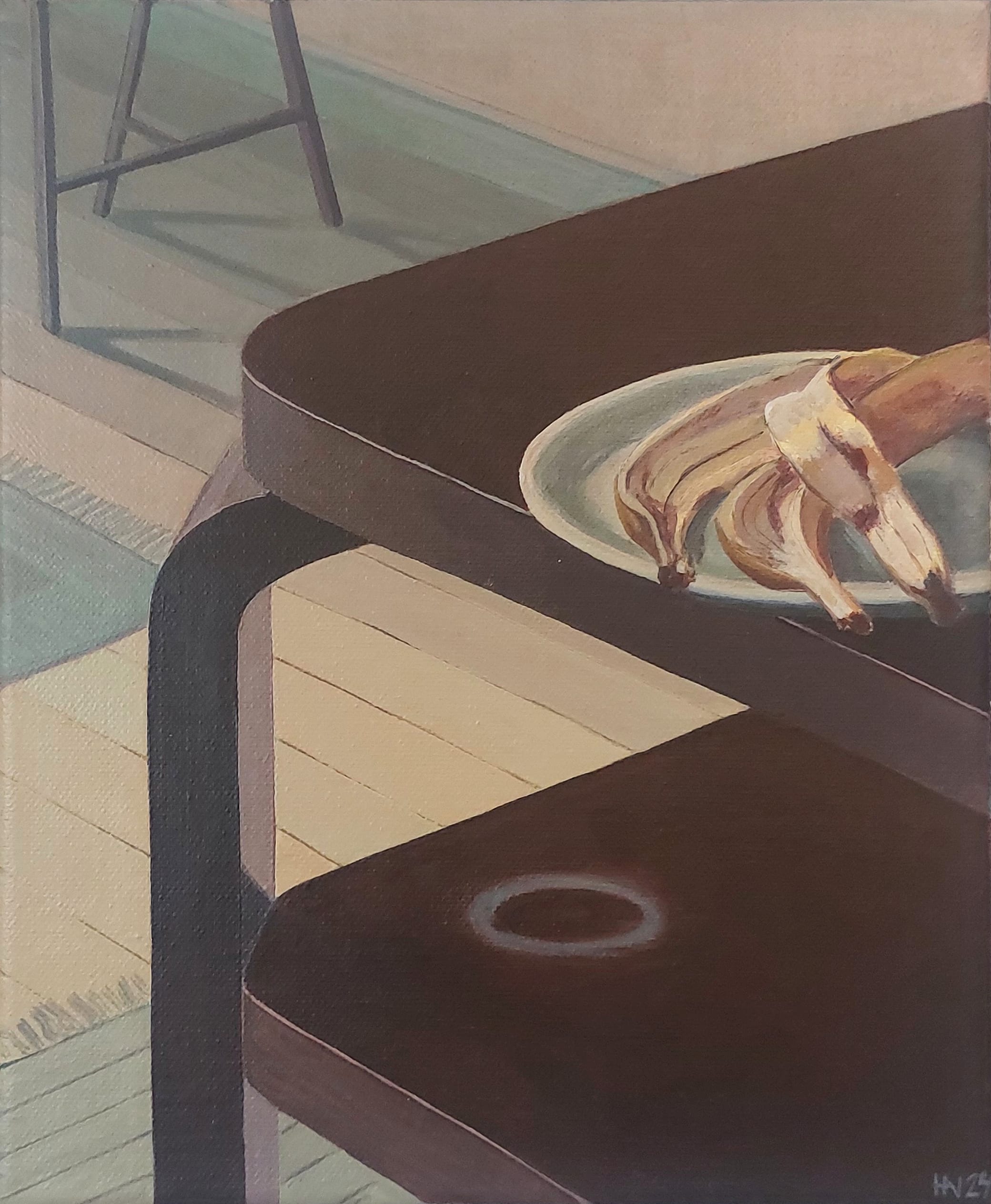 Maalaus pöydästä, banaaninkuoret lautasella.