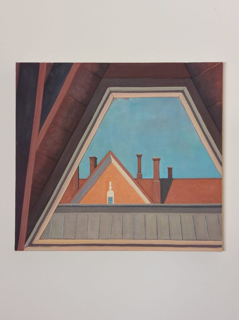 Maalaus kattojen välistä taivasta vasten