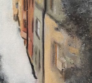 Talojen heijastus lätäkössä, kaksi lintua reunalla.