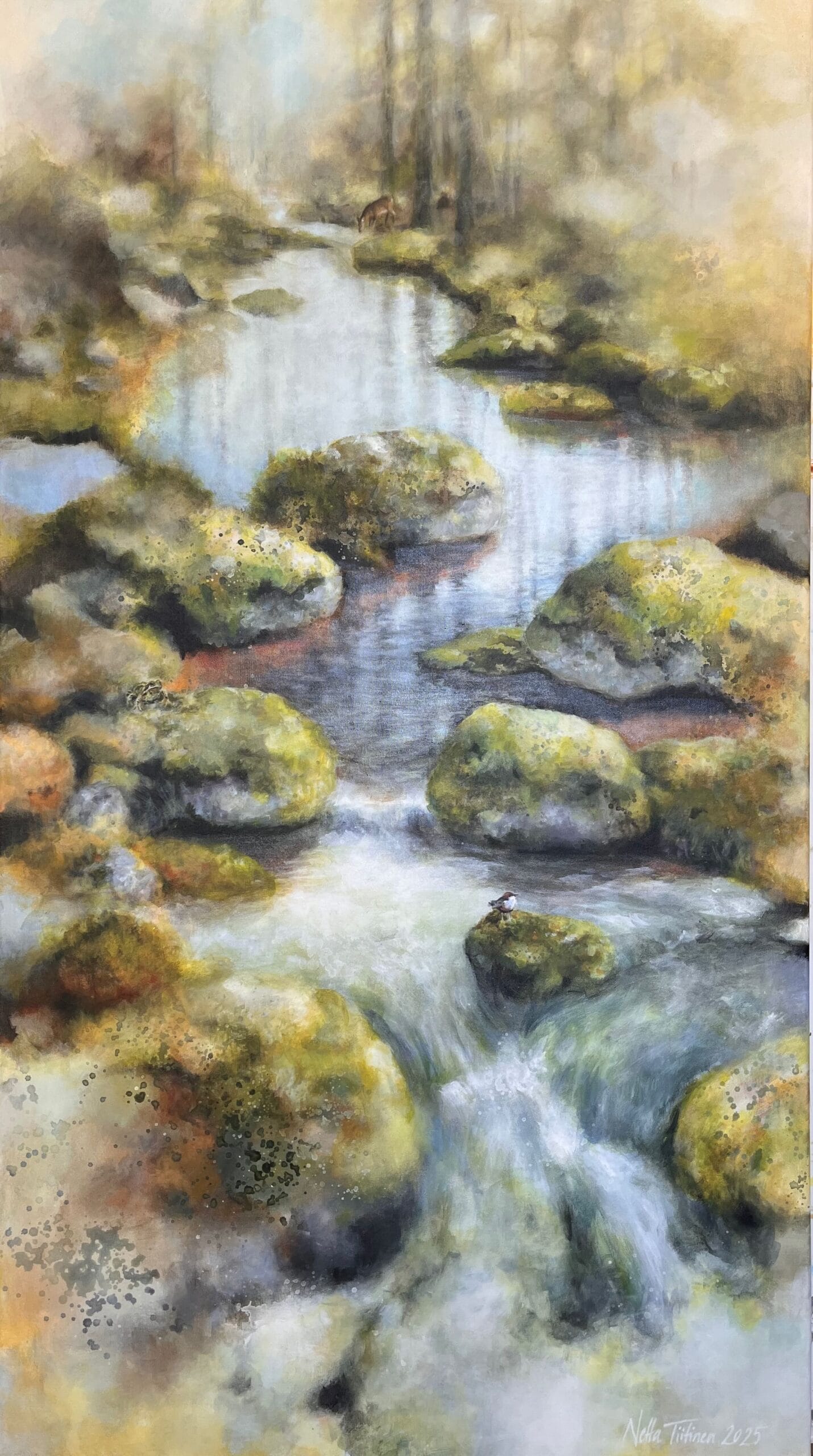 Maalattu metsämaisema puroineen ja kivineen