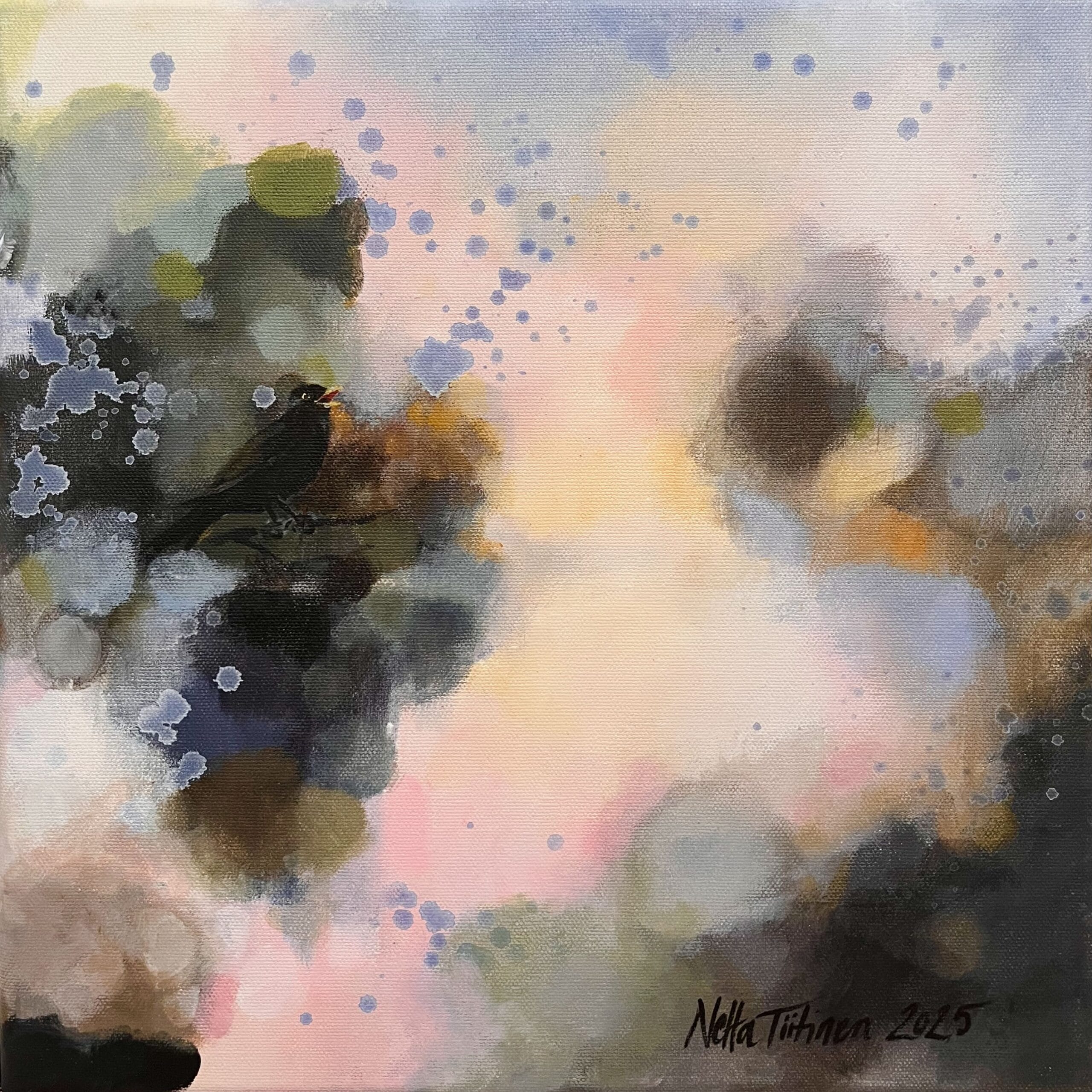 Lintu pilvien keskellä värikkäässä abstraktissa maalauksessa.