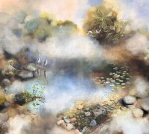 Sumea, värikäs maisema lammen ja eläinten kera.