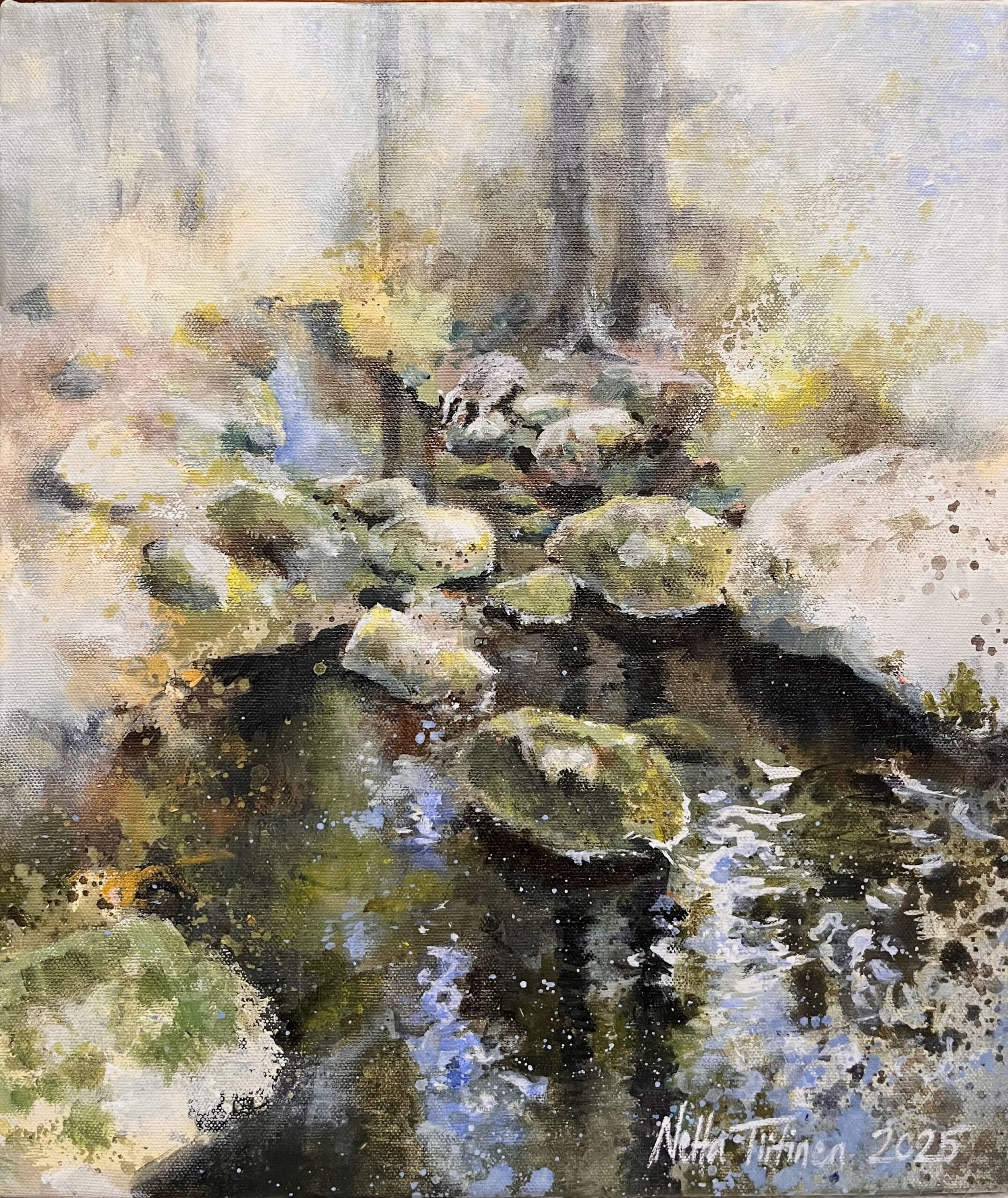 Maalaus metsästä ja purosta kivineen, 2025