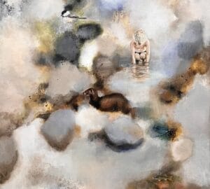 Abstrakti maalaus, nainen vedessä ja eläimiä ympärillä.