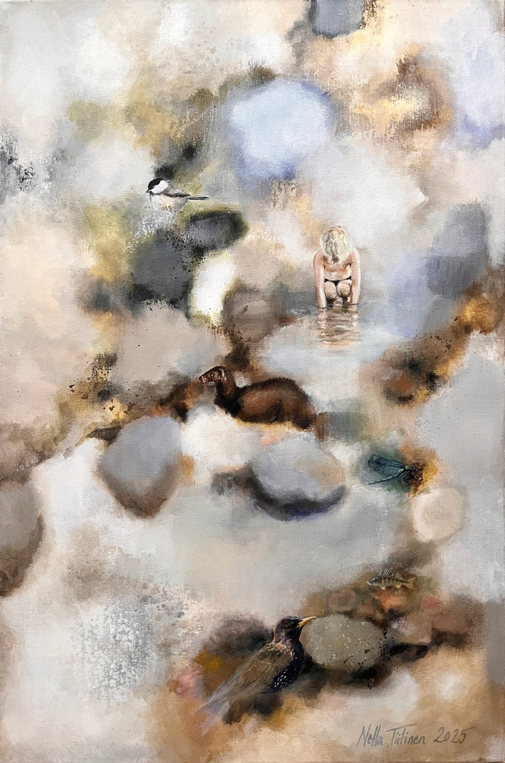 Abstrakti maalaus, nainen vedessä ja eläimiä ympärillä.