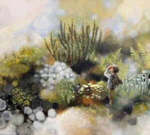 Maalaus lapsi ja vihreitä kasveja metsässä