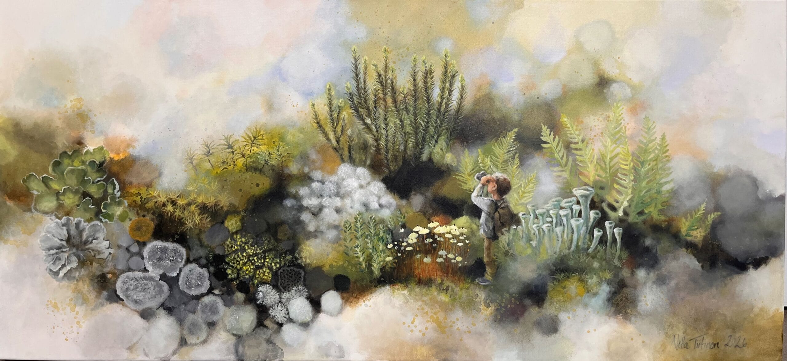 Maalaus lapsi ja vihreitä kasveja metsässä