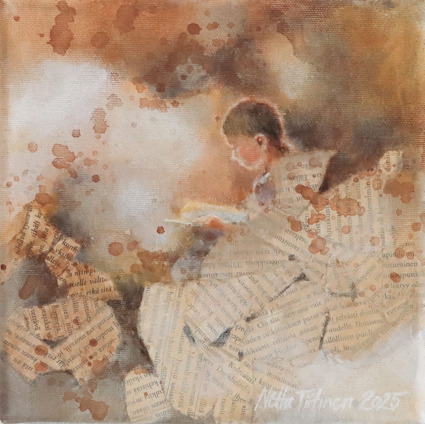 Abstrakti maalaus lukevasta naisesta